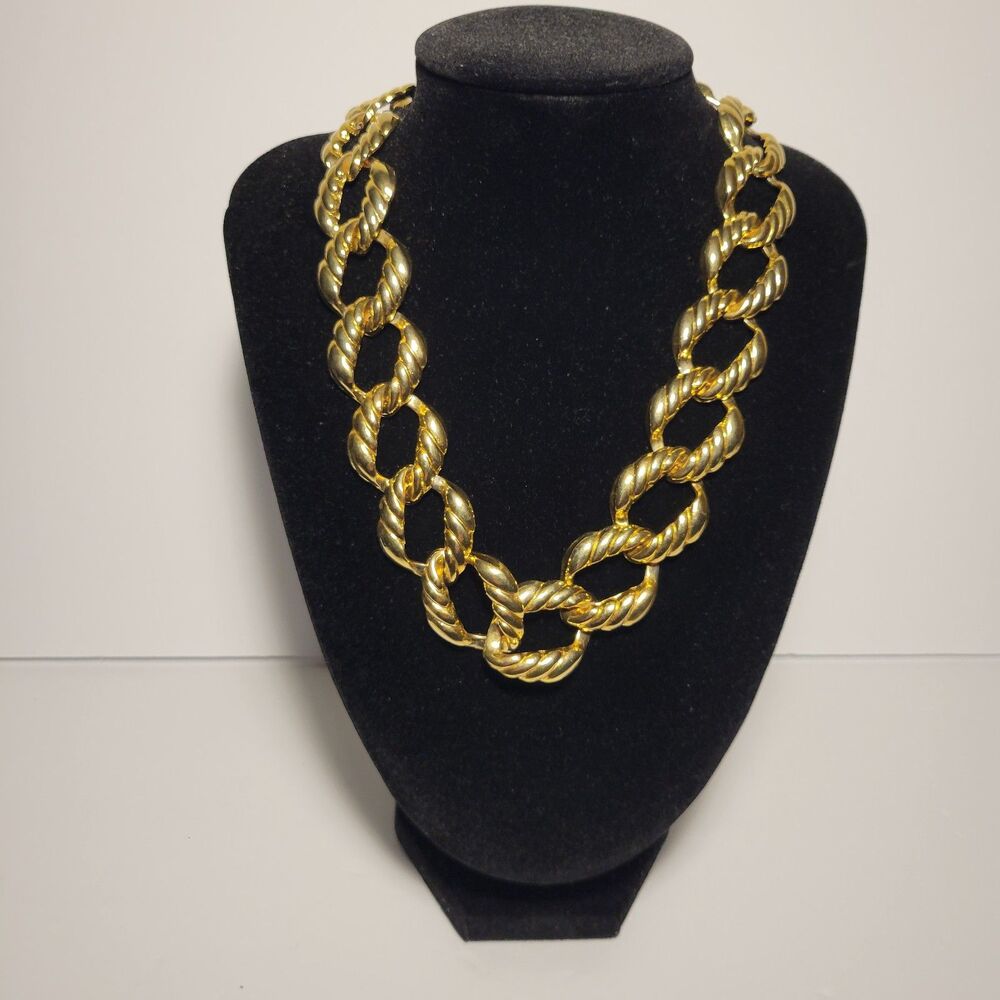 Vintage Chunky Gold Tone Twisted Rope Chain Necklace Statement Retro 80s 90s